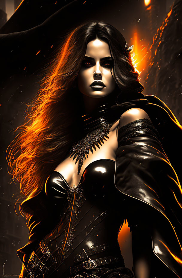 Digital artwork: Fierce woman in black fantasy outfit with flowing hair