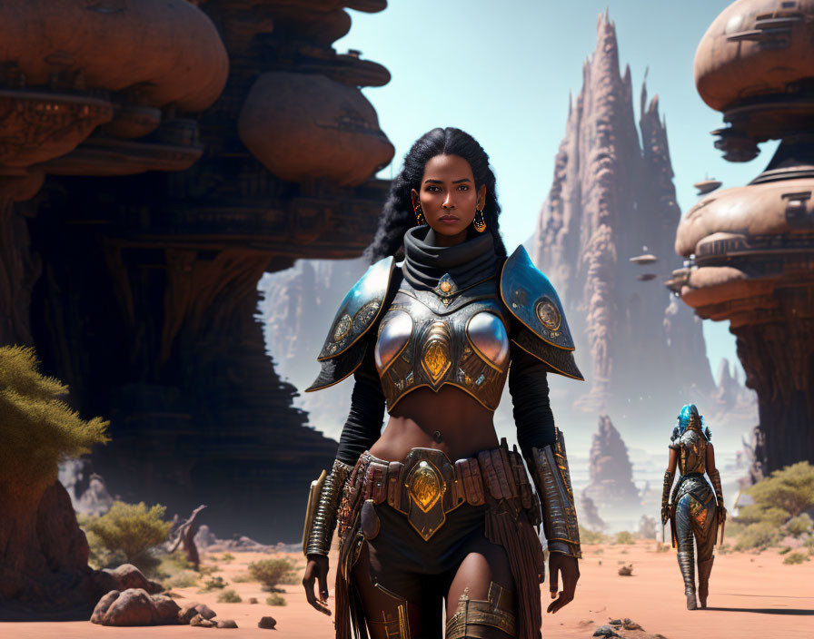 Warrior woman in elaborate armor in desert landscape with futuristic structures.