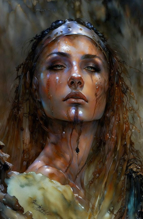 Digital painting of a woman with tears, circlet, in fantasy backdrop