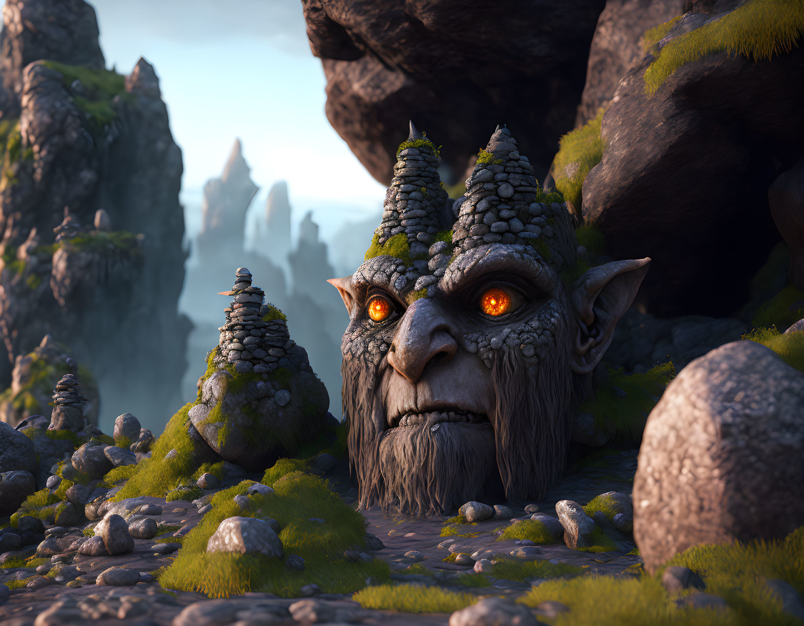 CG image of stone-faced creature with moss and orange eyes in rocky landscape
