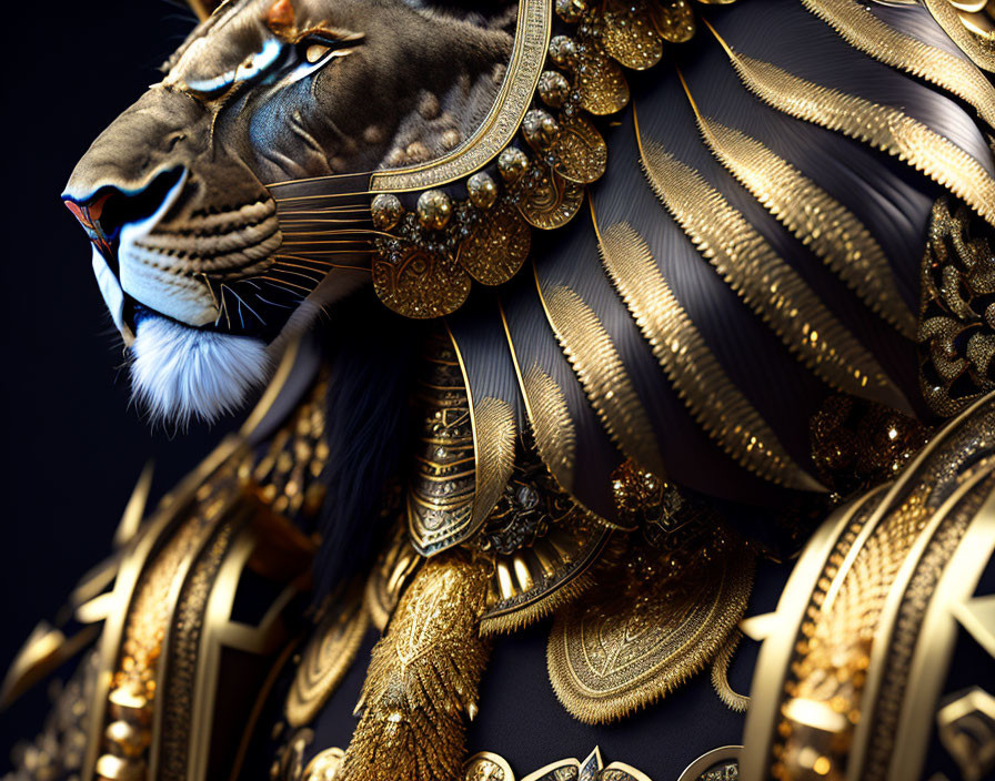 Majestic lion with golden armor and blue mane art