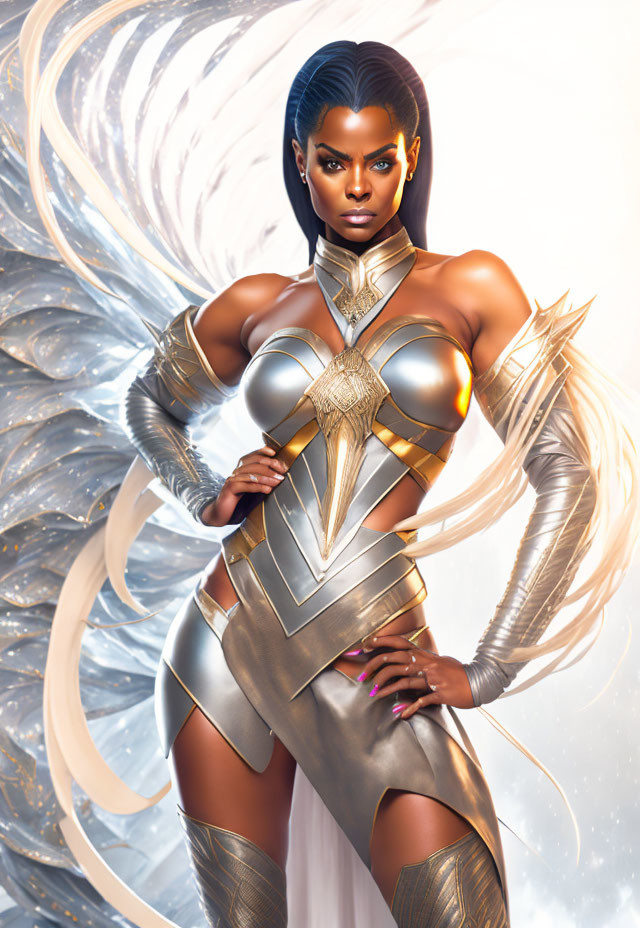 Futuristic golden armor woman with energy ribbons exudes strength