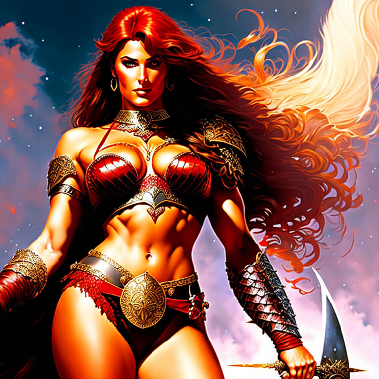 Fierce female warrior in red-and-gold armor against starry night sky