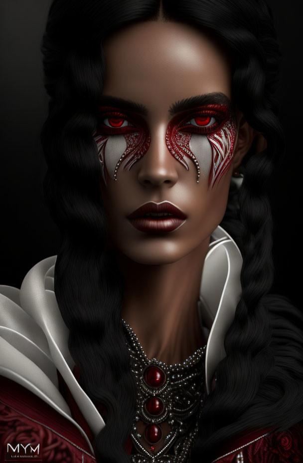 Digital portrait of woman with red eyes, white face markings, dark cloak, red embellishments.