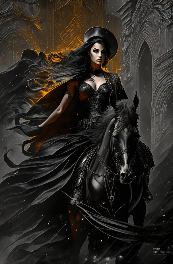 Gothic woman in black attire on dark horse with mysterious aura