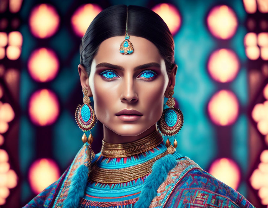 Woman with Striking Blue Eyes in Vibrant Ethnic Jewelry and Patterned Background