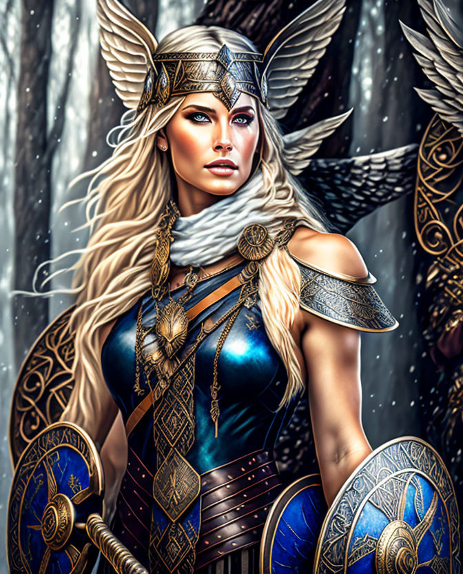 Blonde warrior woman in silver armor with winged helmet and shield in snowy forest.