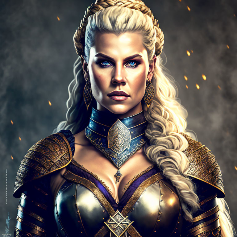 Digital art portrait of fierce woman in Norse-inspired armor with braided blonde hair and glowing embers.