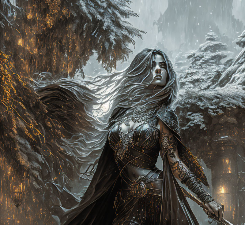 Mystical warrior woman in detailed armor amid snowy forest