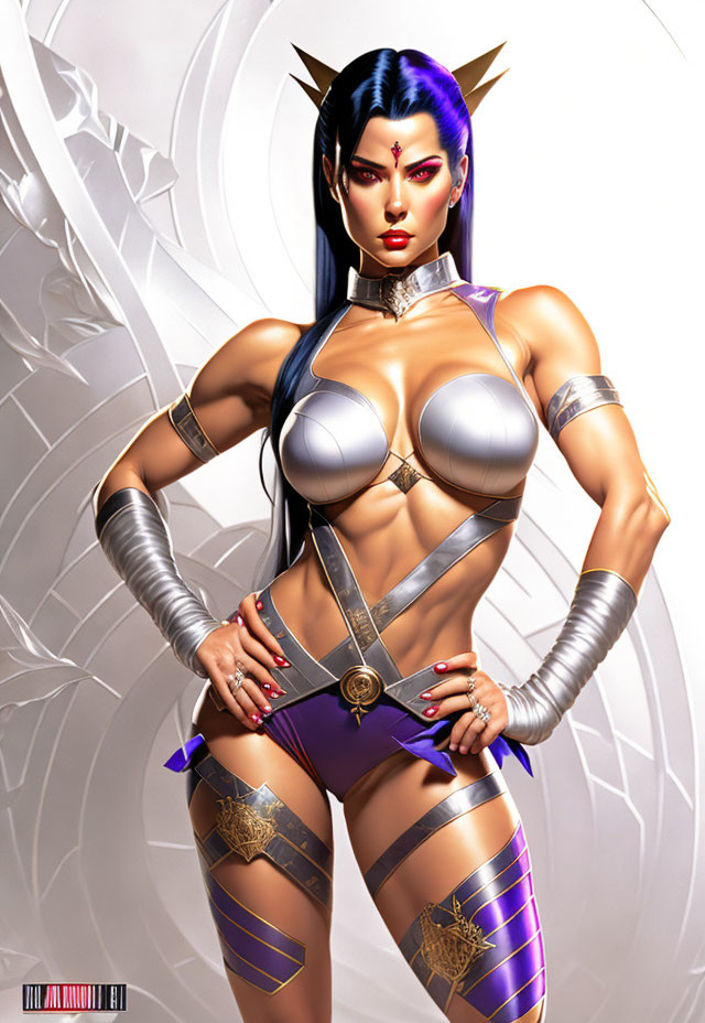 Muscular Female Character in Blue Skin with Futuristic Costume