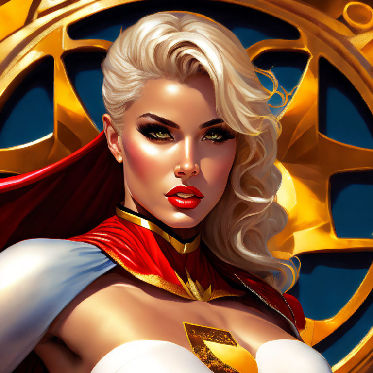 Blonde female superhero with red cape and gold emblem on chest on blue and gold background