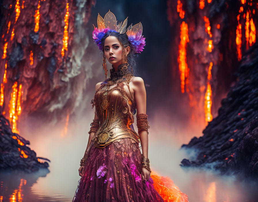 Woman in fantasy costume with crown against volcanic backdrop