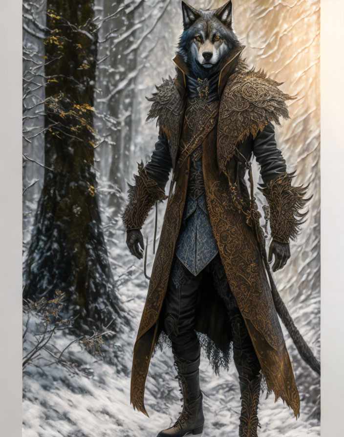 Medieval-themed anthropomorphic wolf in snowy forest