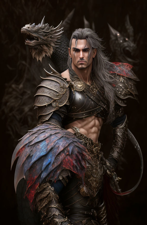 Silver-haired warrior in dragon armor on dark background