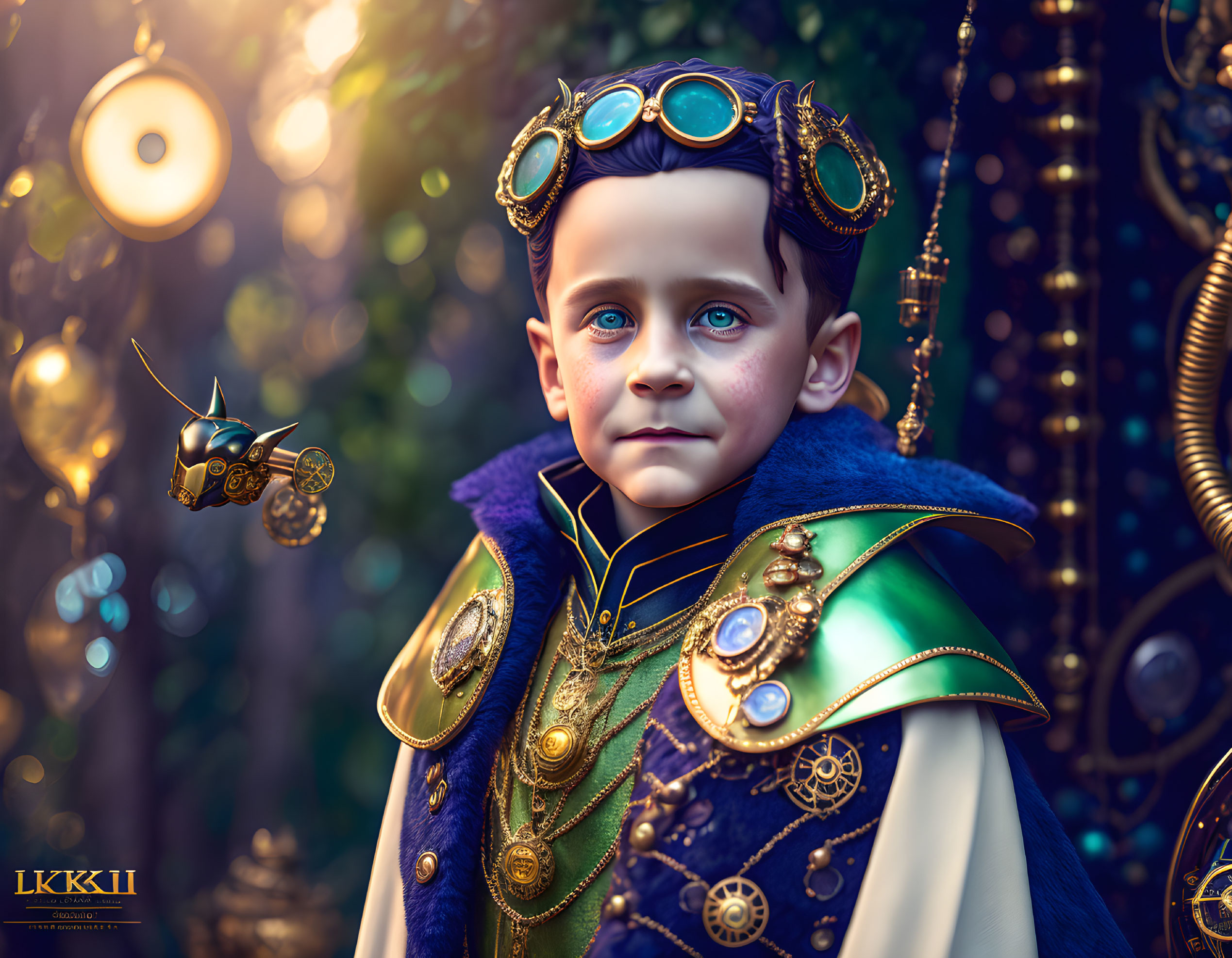Young Boy in Royal Attire with Blue Eyes and Mechanical Bees