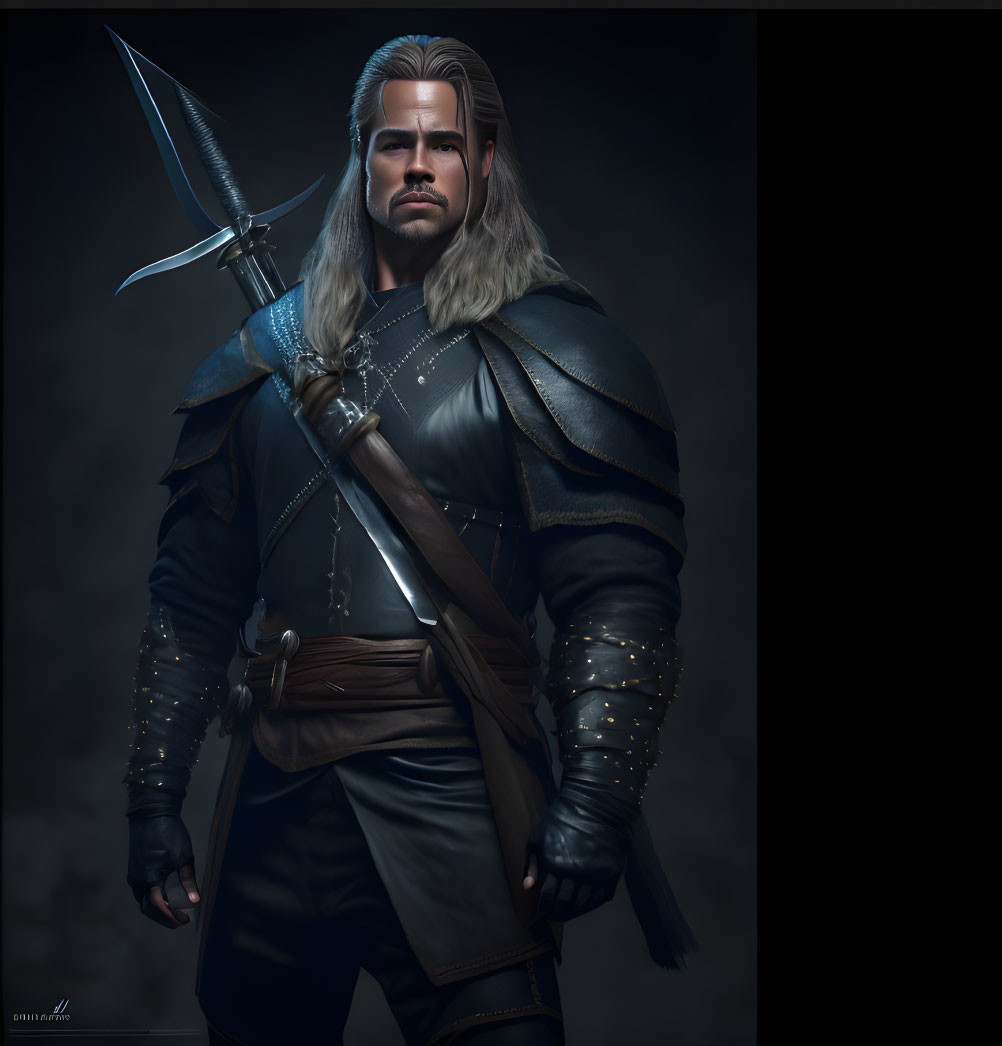 Silver-haired warrior in medieval armor with sword on dark background