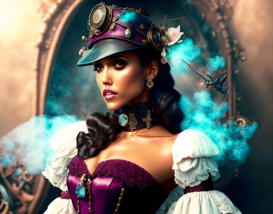 Steampunk-inspired woman with hat and goggles in vintage setting