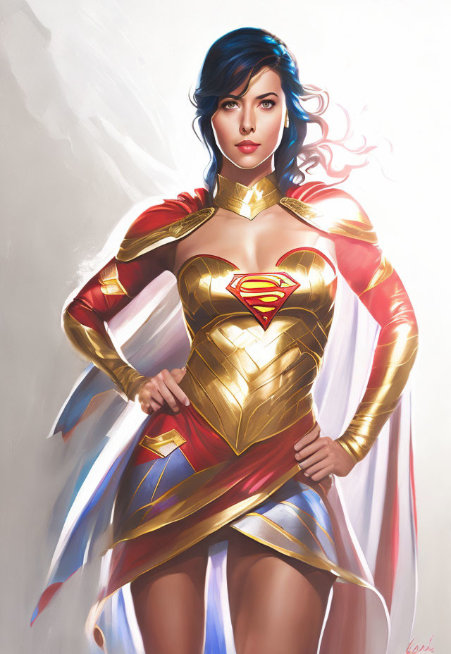 Female superhero with blue hair in gold and red armor, featuring Superman emblem.