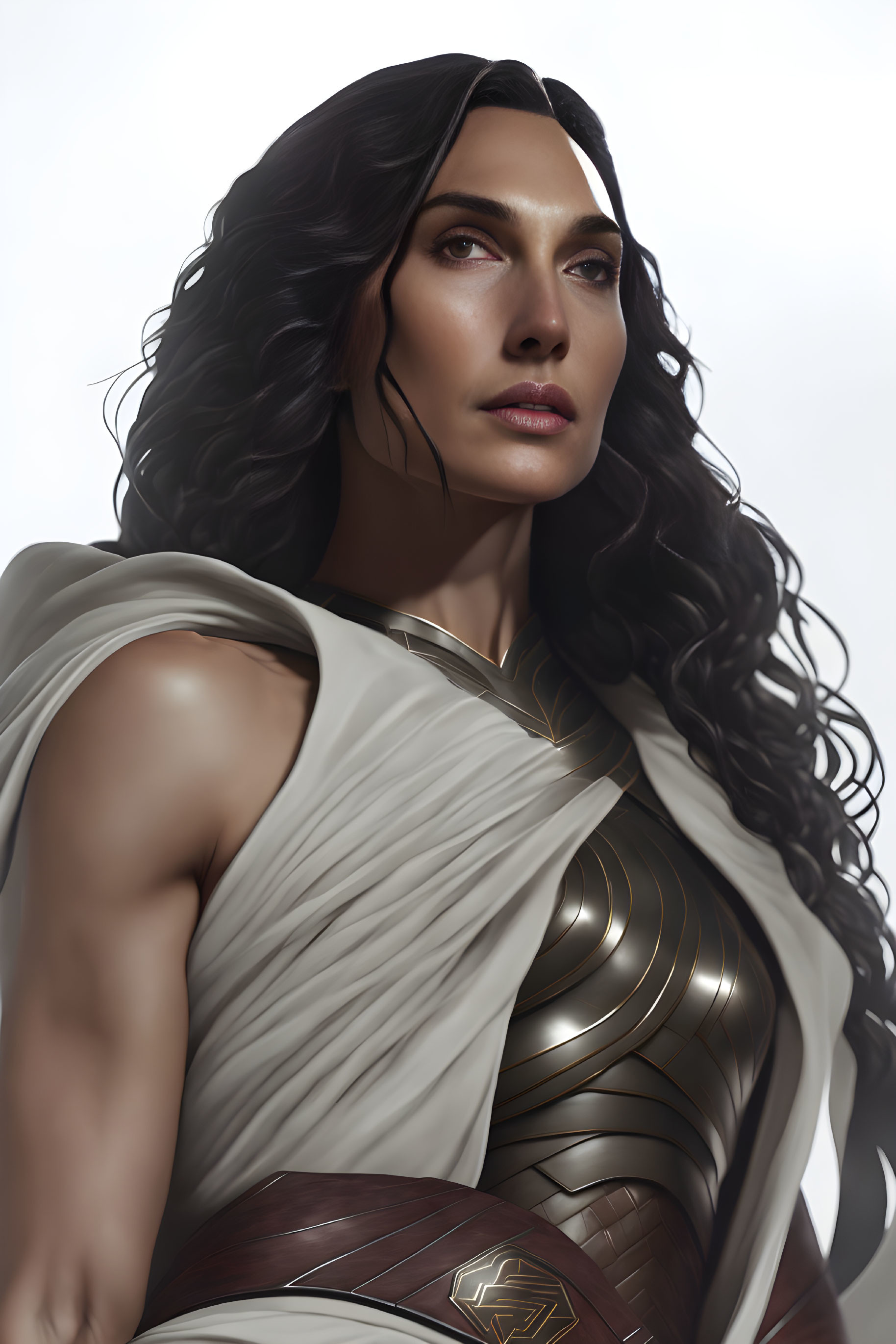 Long-haired woman in white and gold warrior attire gazing afar