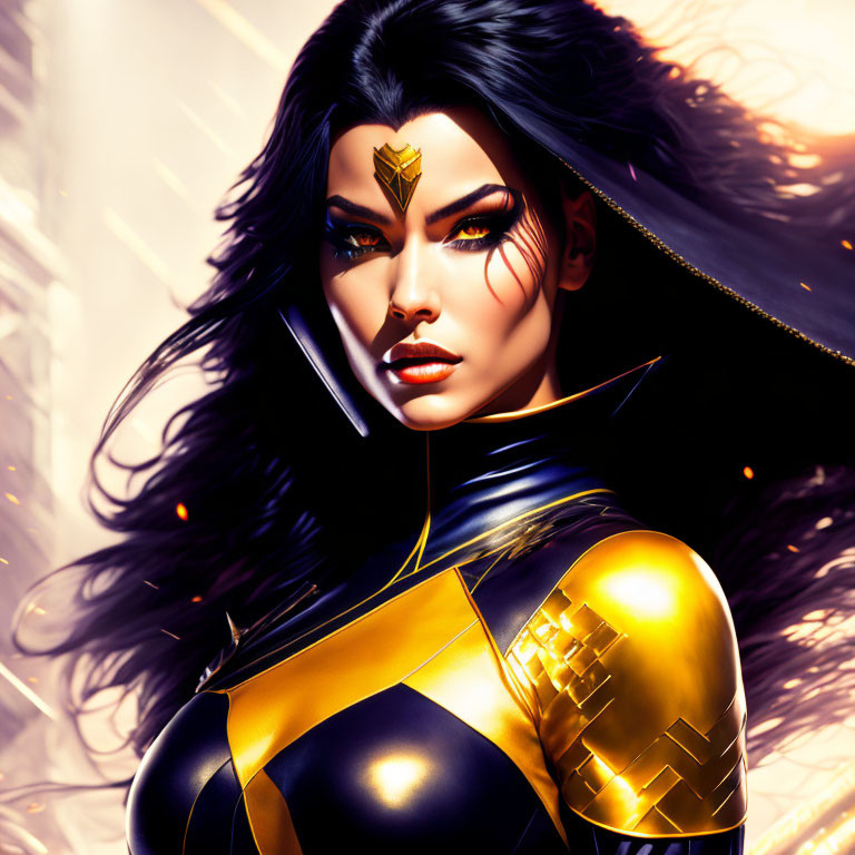 Female superhero with long black hair in gold and blue costume.