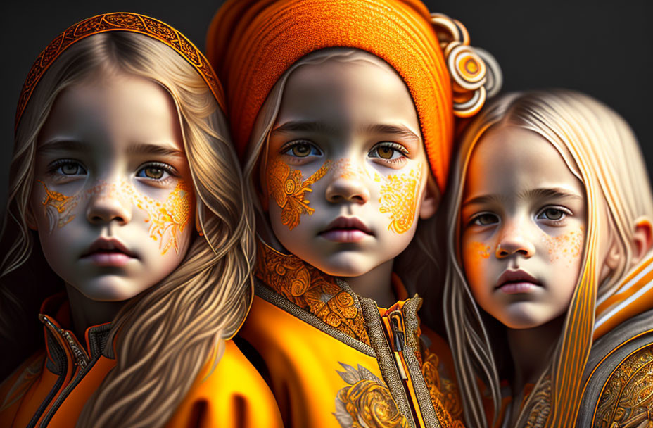  female kids 5 years old, orange and yellow tones