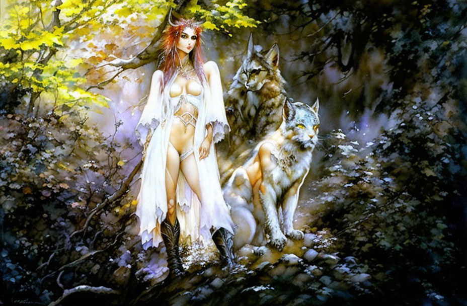 Fantasy Artwork: Woman in Ethereal Attire with Wolves in Forest