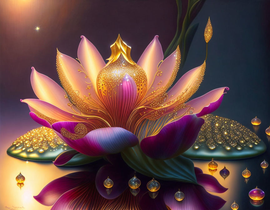 Glowing pink and purple flower with golden droplets on dark background