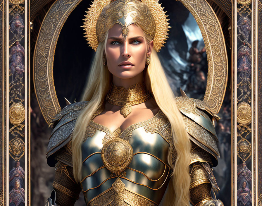 Regal woman in ornate golden armor exudes strength and determination