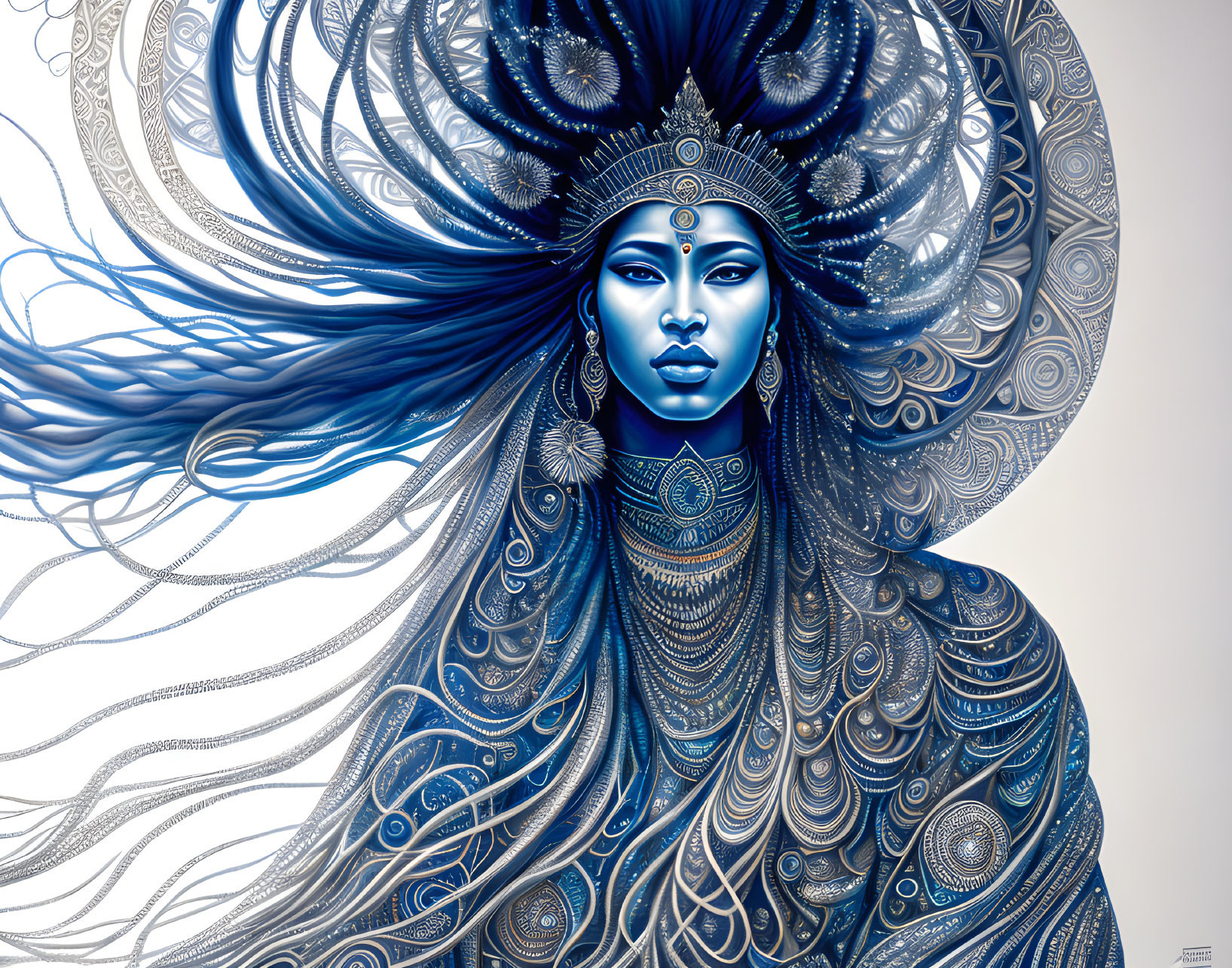 Blue-skinned woman with intricate headgear and flowing hair on white background