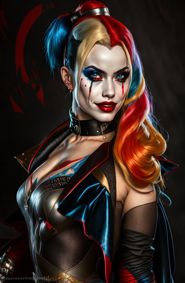 Stylized Harley Quinn costume with split red and blue wig