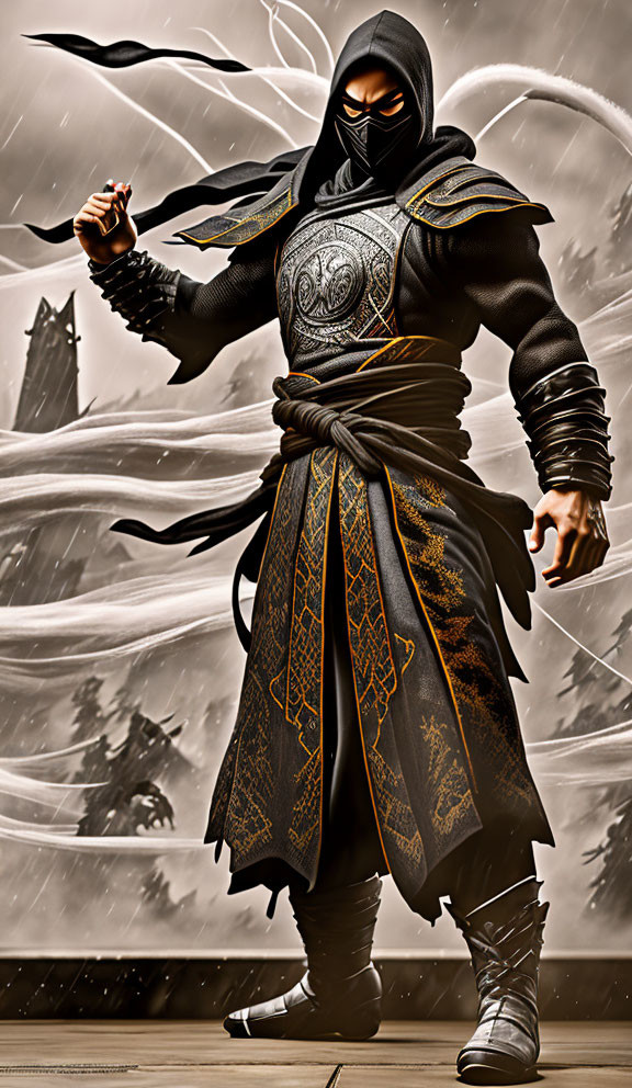 Dynamic Ninja Artwork in Black and Gold with Swirling Winds