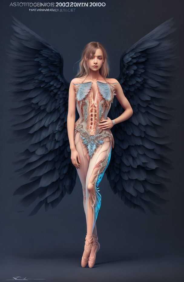 Digital art: Female ballet dancer with dark angel wings, ornate bodysuit, and pointe