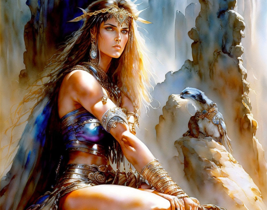 Fantasy artwork of warrior woman with intricate jewelry and armor beside rocky outcrop with falcon.