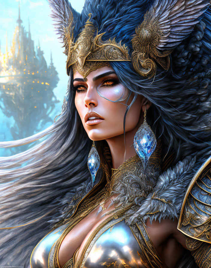 Fantasy female character in golden armor with winged helmet, gray hair, and blue eyes on snowy