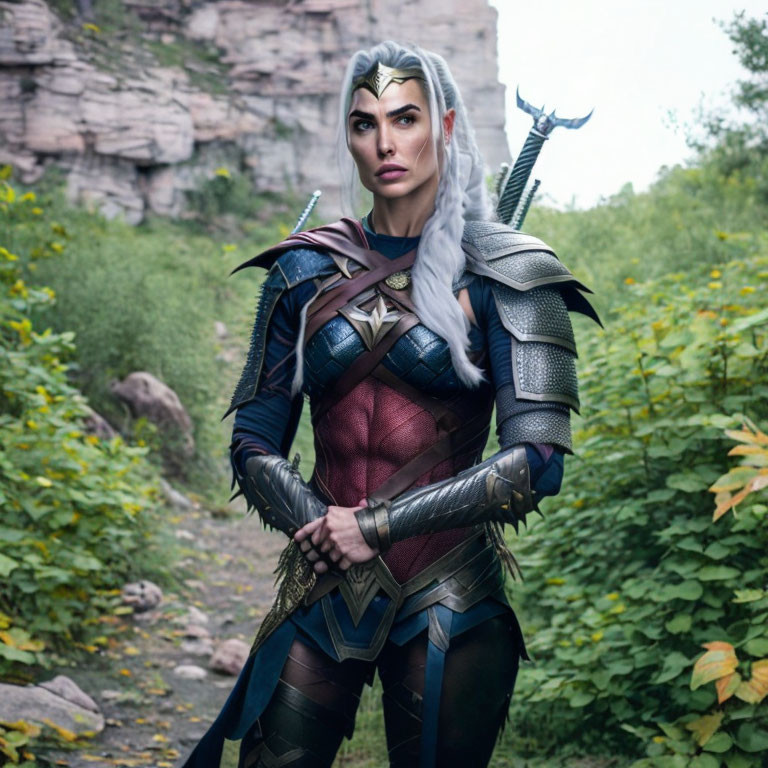 Elaborate fantasy elf costume with detailed armor in natural outdoor setting