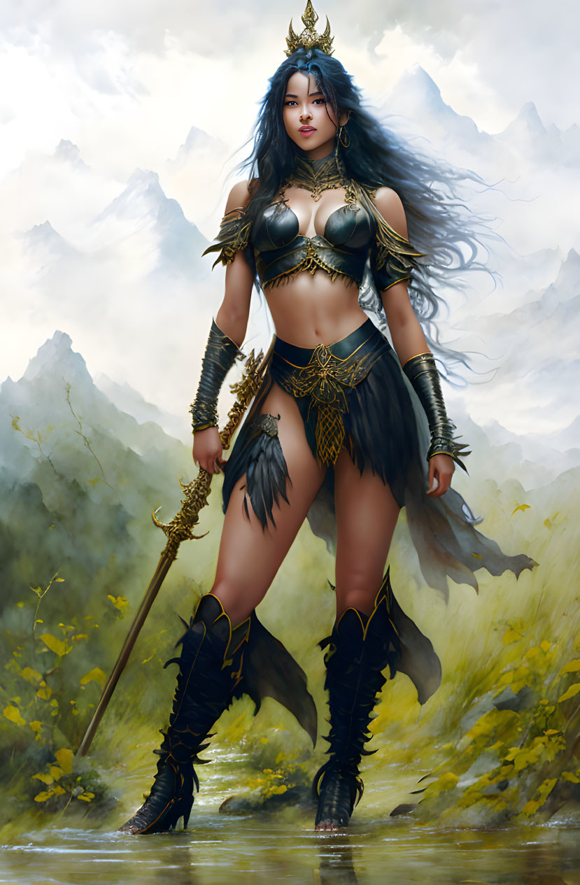 Blue-haired warrior woman in golden armor with black feathers, holding a staff in mountain landscape