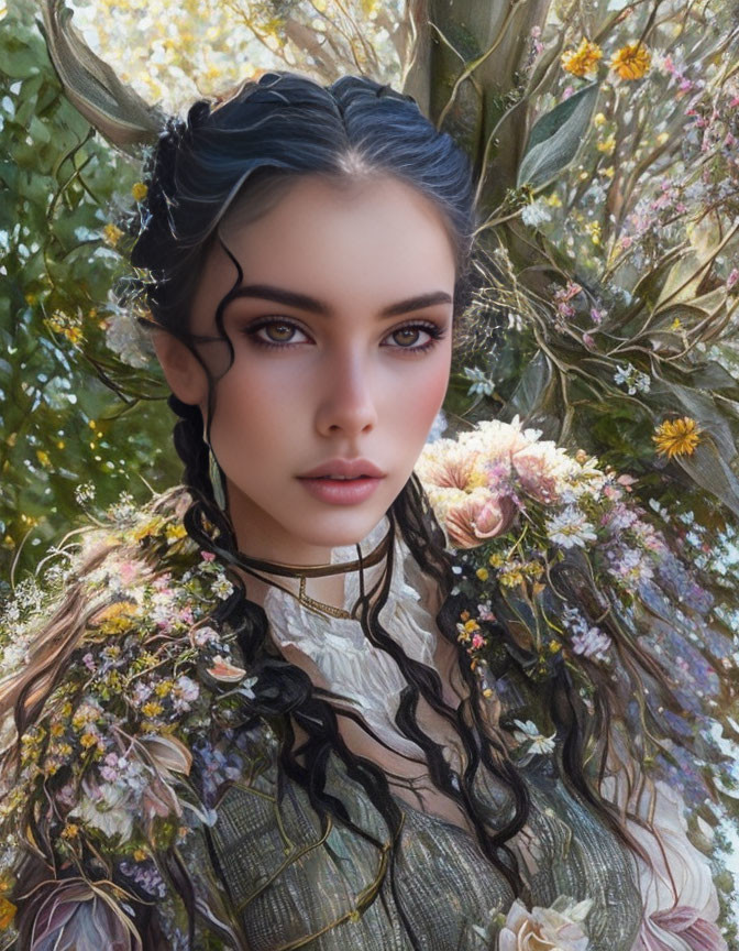 Woman with intricate braided hair and intense eyes in lush floral setting