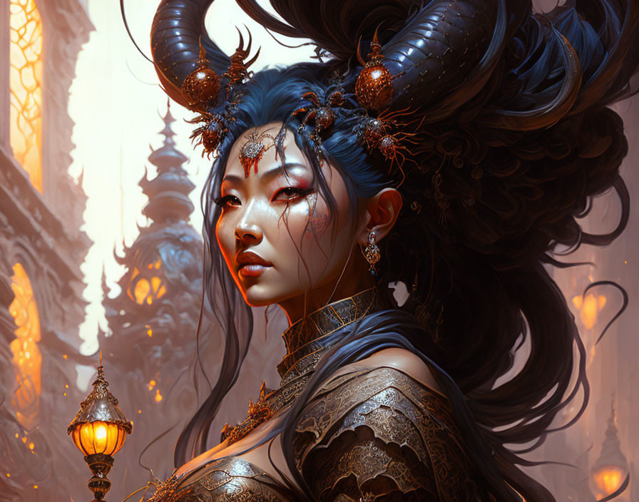 Fantasy-themed illustration of a woman with horned headpiece and detailed armor