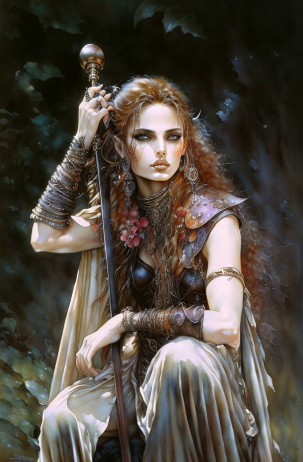 Fantasy artwork: Warrior woman in metal armor with staff in leafy setting