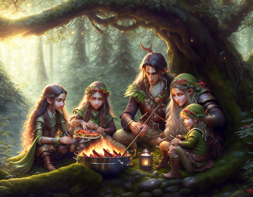 Elven characters in green medieval attire cooking by a forest fire