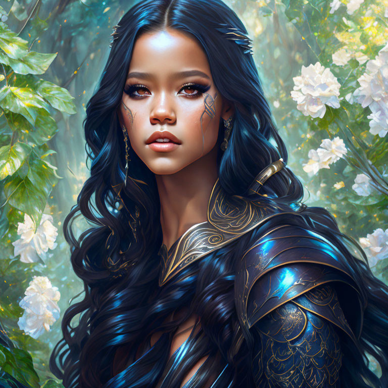 Fantasy portrait of woman in golden armor with long black hair