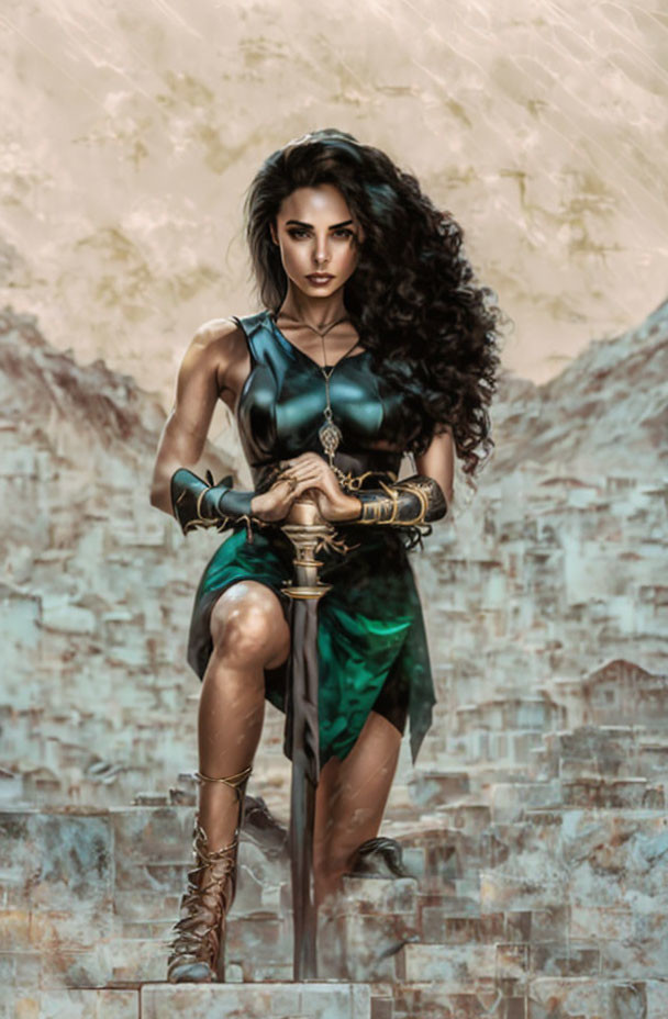 Warrior woman with long dark hair in green and black outfit holding a sword