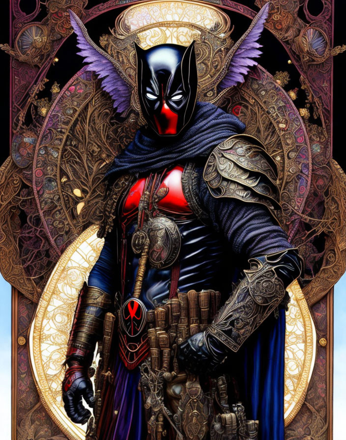 Illustrated character in black mask and red suit with swords on decorative backdrop