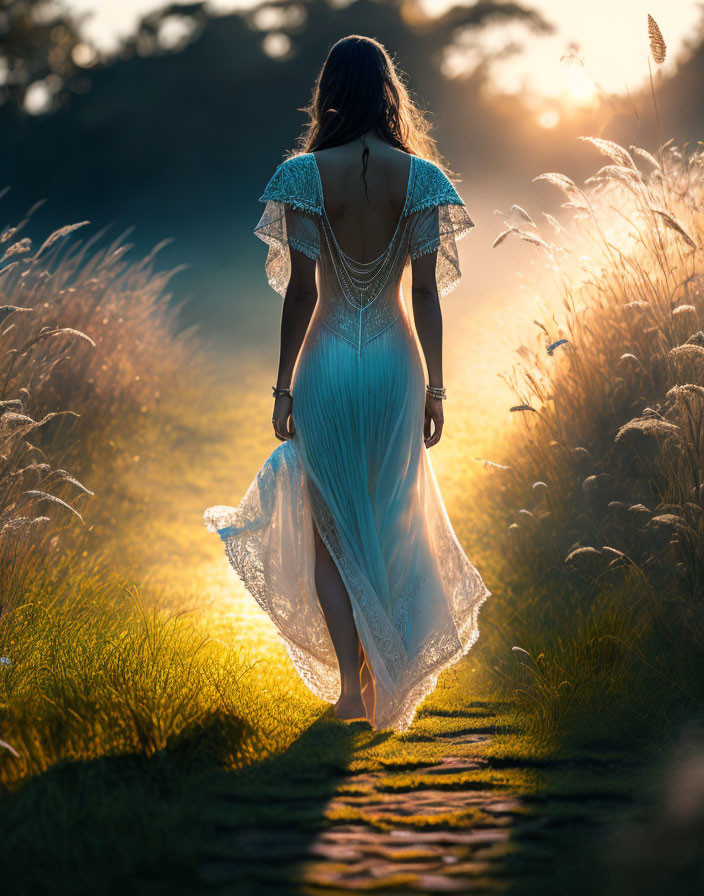 Woman in Blue Dress Walking in Sunlit Field at Golden Hour