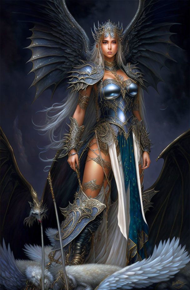 Female warrior in silver and blue armor with wings in regal pose.