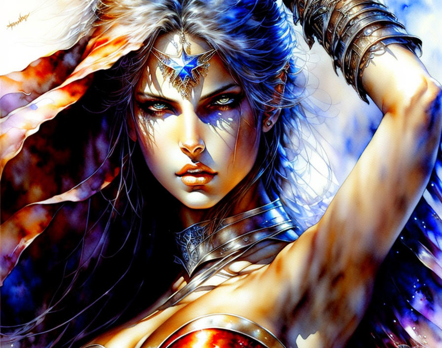 Warrior woman with blue hair in star tiara and metallic armor on fiery backdrop