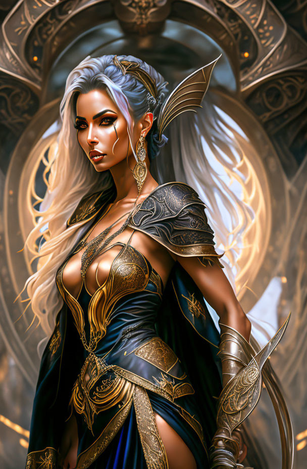 Silver-haired female warrior in golden and blue armor with elven ears amid metallic designs