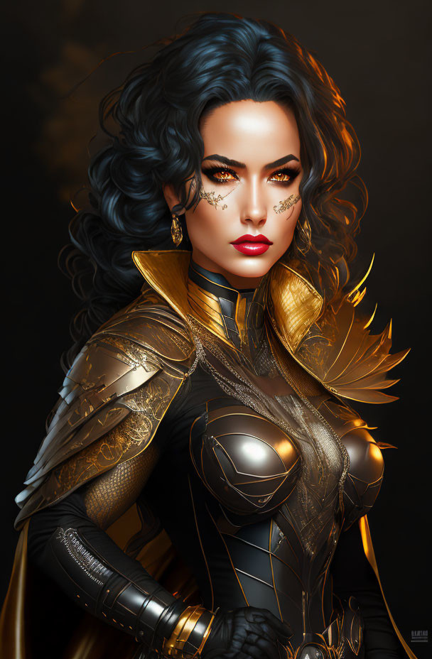 Dark-haired woman in striking makeup wearing ornate golden armor on dark background