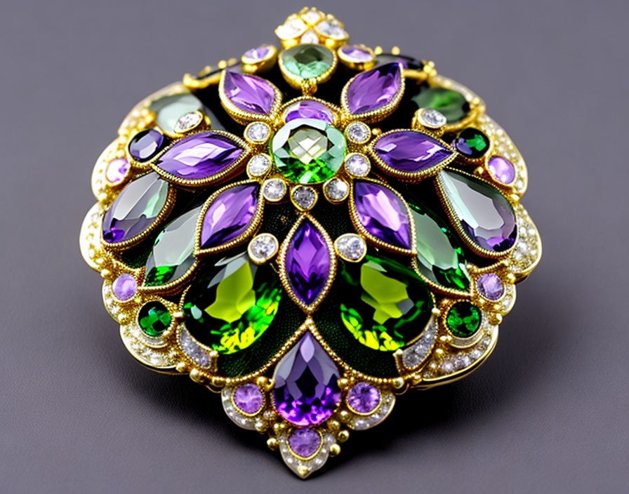 Green and Purple Gemstone Brooch with Gold Filigree and Diamonds on Grey Background