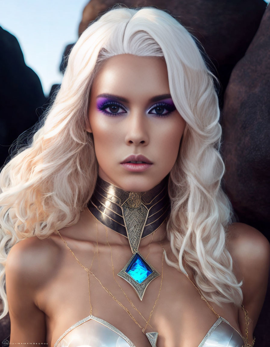 Platinum Blonde Woman in Armor-Inspired Outfit with Purple Makeup